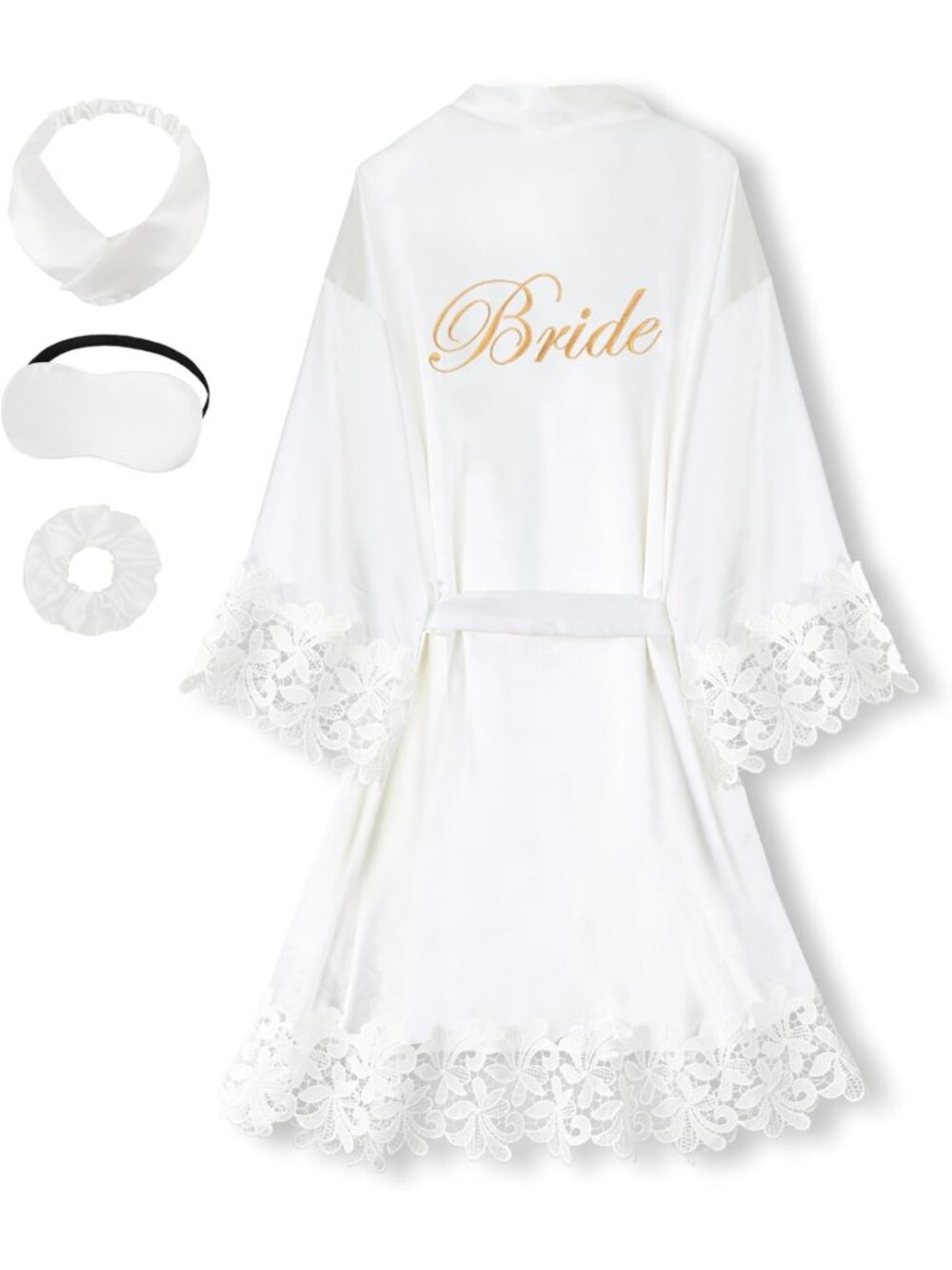White Bridal Robe Short Satin Lace Sleeve Kimono Wedding Morning Getting Ready